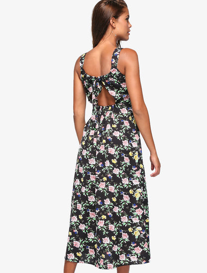Robe fleurie à dos ajouré - noir - 4