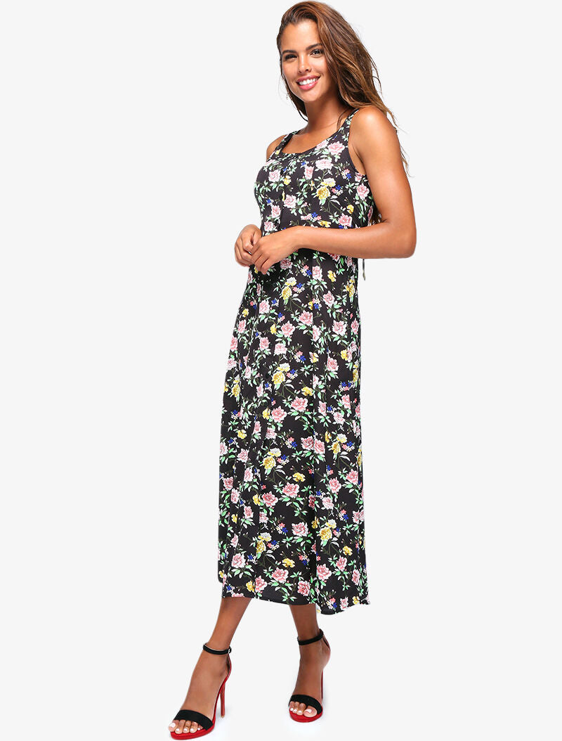 Robe fleurie à dos ajouré - noir - 5