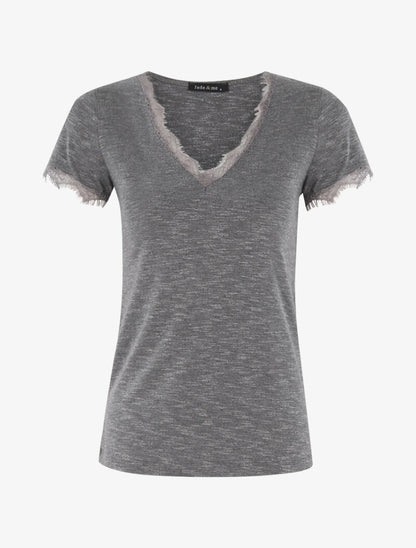 T-shirt chiné à bord dentelle - gris foncé - 1