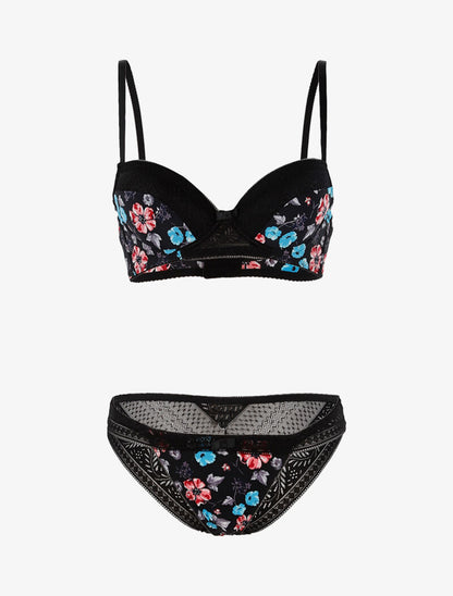 Ensemble imprimé floral et culotte - noir - 1