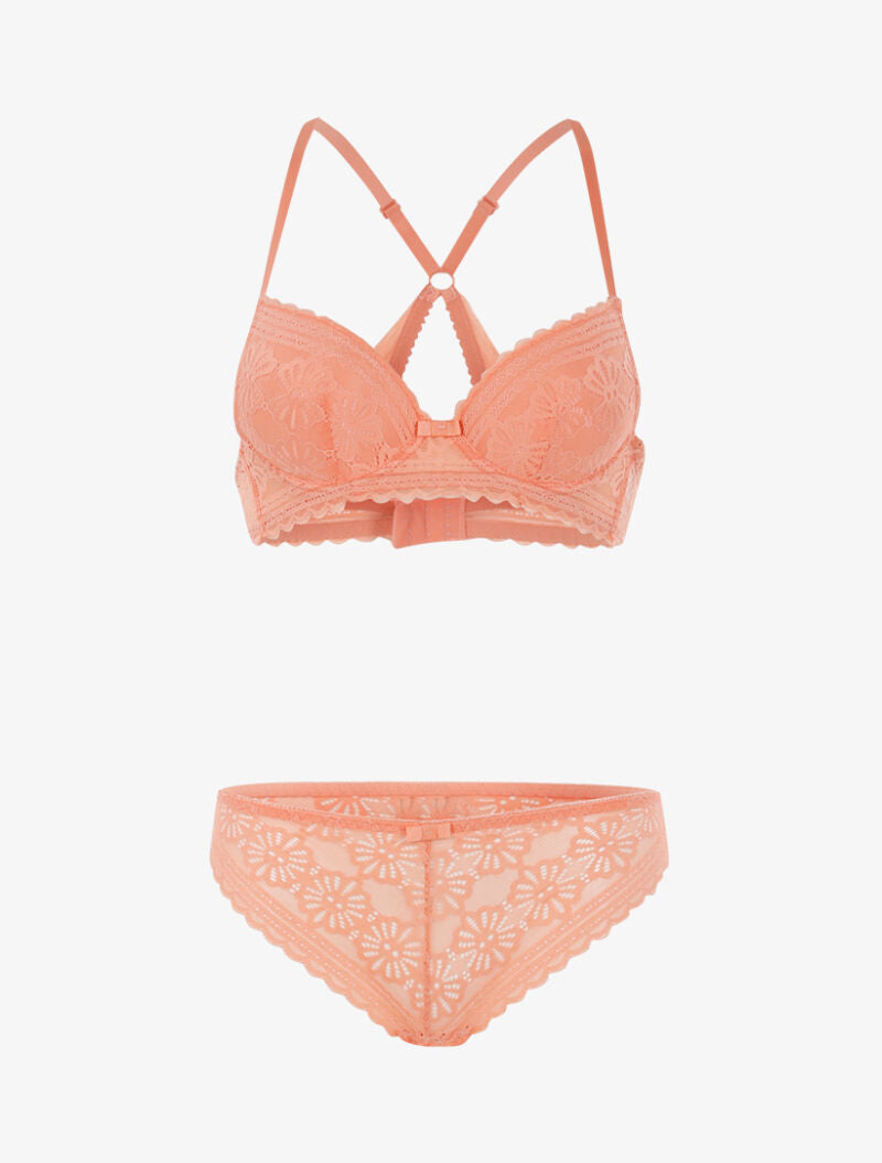 Ensemble dentelle fleurie à dos nageur et tanga - corail - 3
