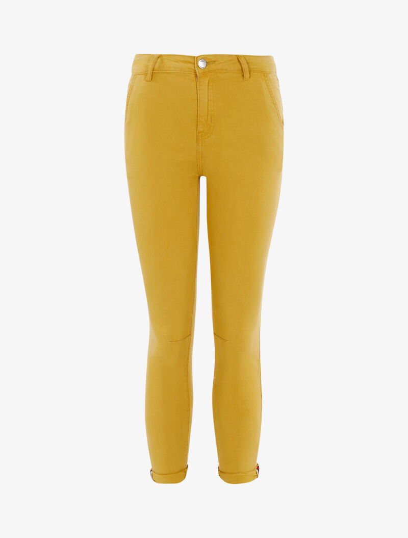 Jean 7/8 skinny hoge taille met biezen aan de enkels - mosterdgeel