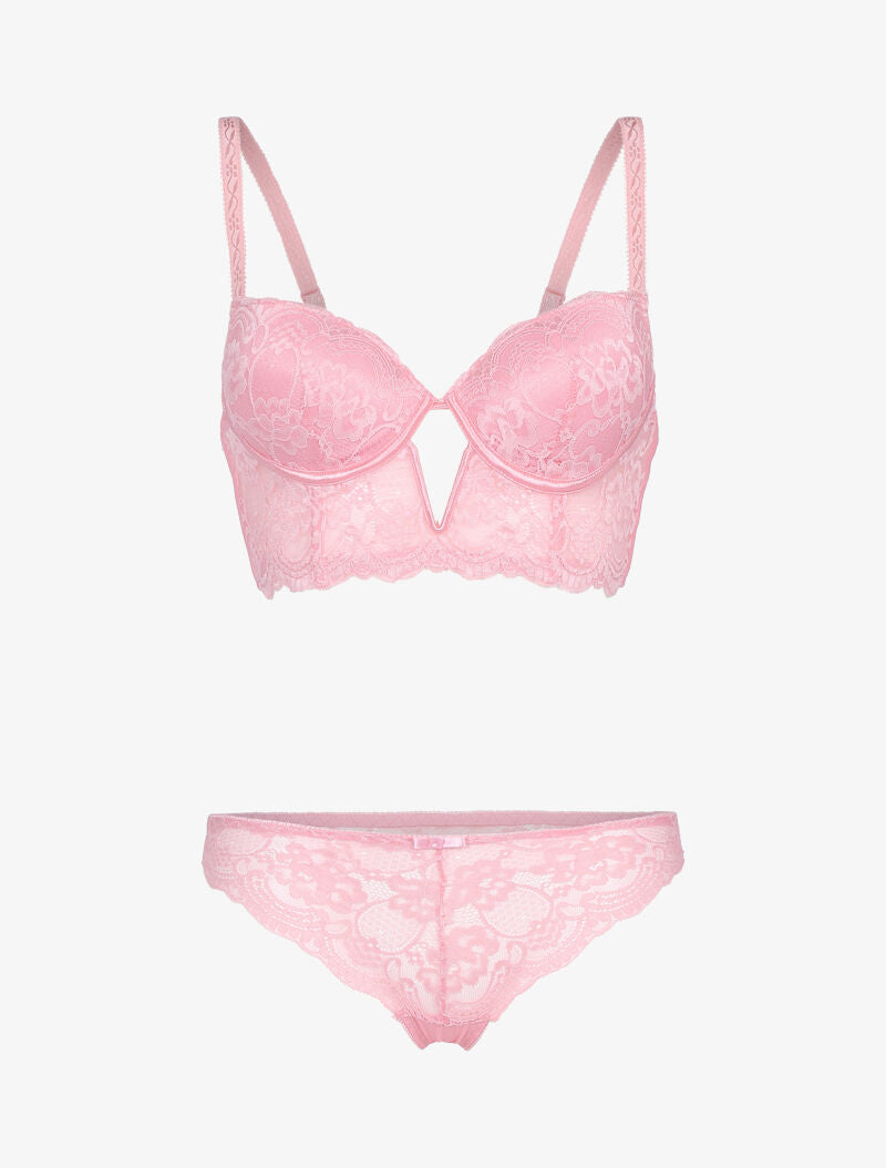 Ensemble bustier en dentelle fleurie - rose - 1