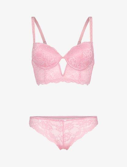Ensemble bustier en dentelle fleurie - rose - 1