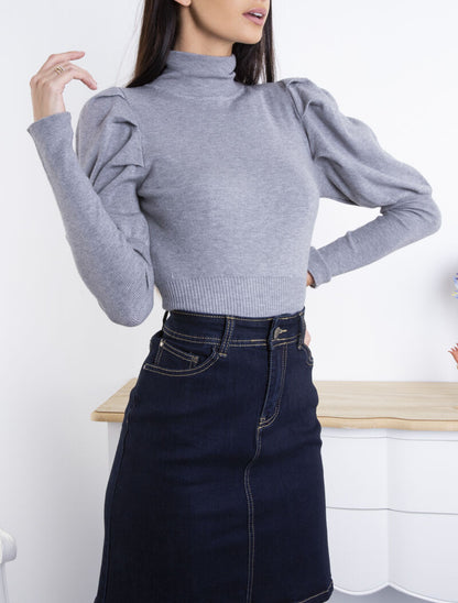 Pull doux à manches gigot - gris clair - 1