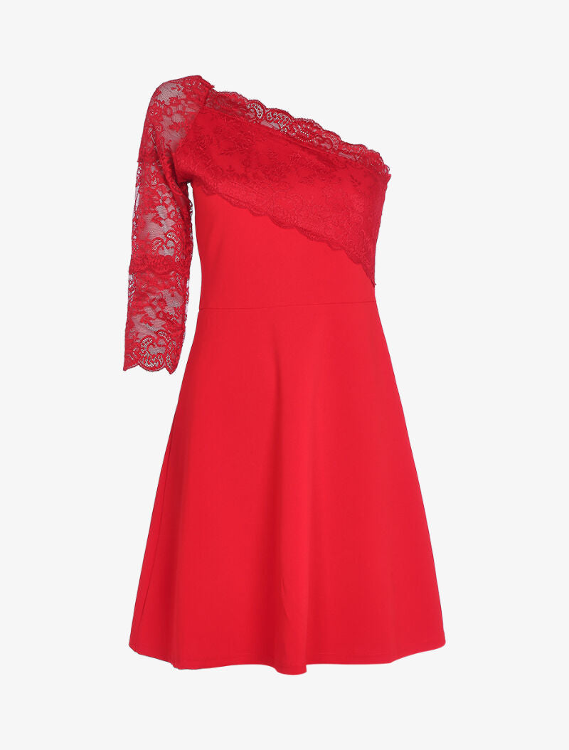 Robe à col asymétrique en dentelle - rouge - 1