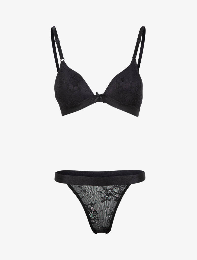 Ensemble en dentelle fleurie et résille - noir - 1