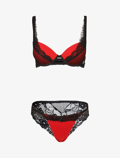 Ensemble satiné à empiècements résille et dentelle - noir/rouge - 1