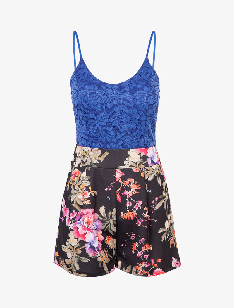 Combishort à buste dentelle et imprimé fleuri - bleu roi - 1
