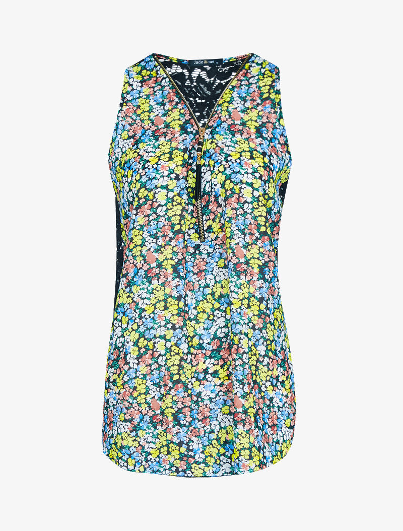 Top en voile imprimé et dentelle - jaune - 1