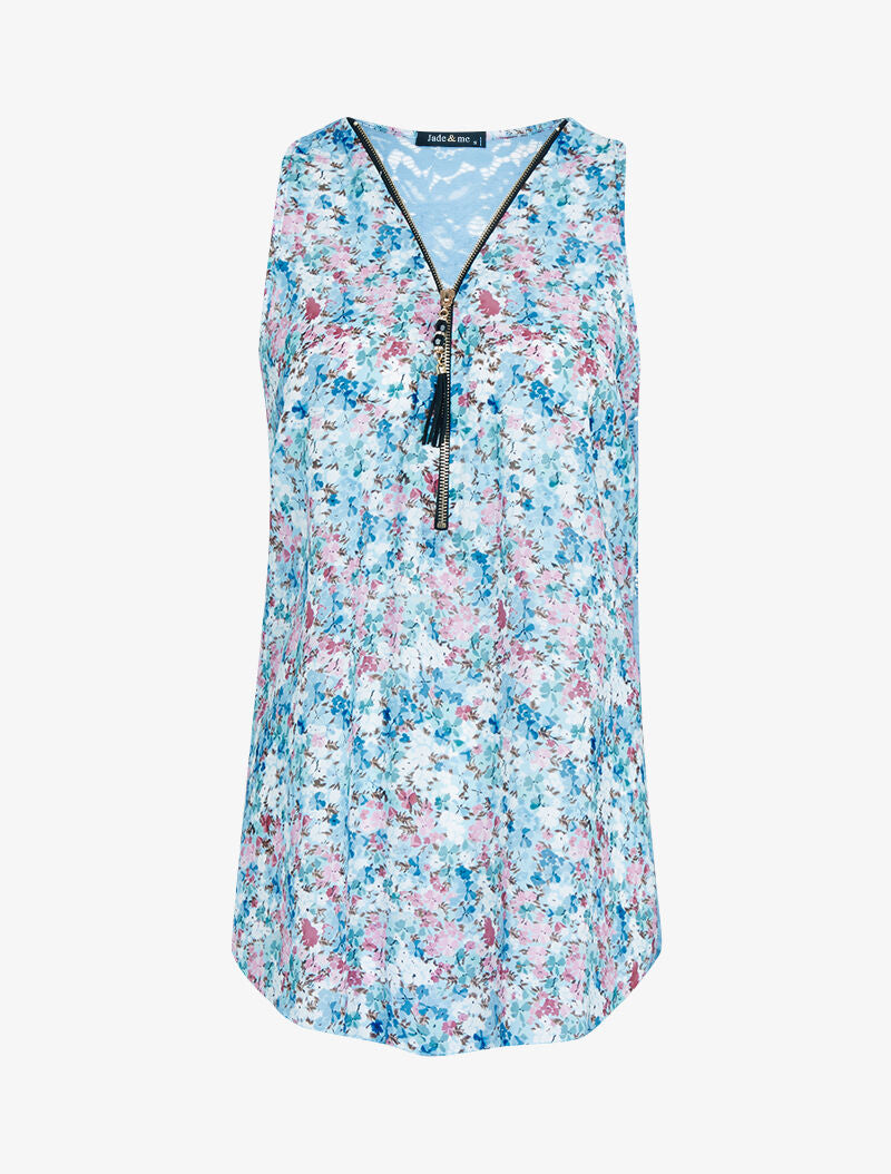 Top en voile imprimé et dentelle - bleu ciel - 3