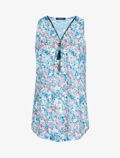 Top en voile imprimé et dentelle - bleu ciel - 3