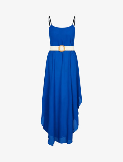 Robe effet mousseline bas arrondi échancré - bleu - 3