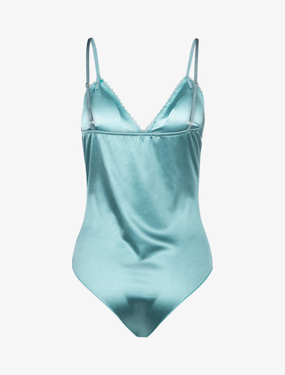 Body satiné à décolleté dentelle - turquoise - 2