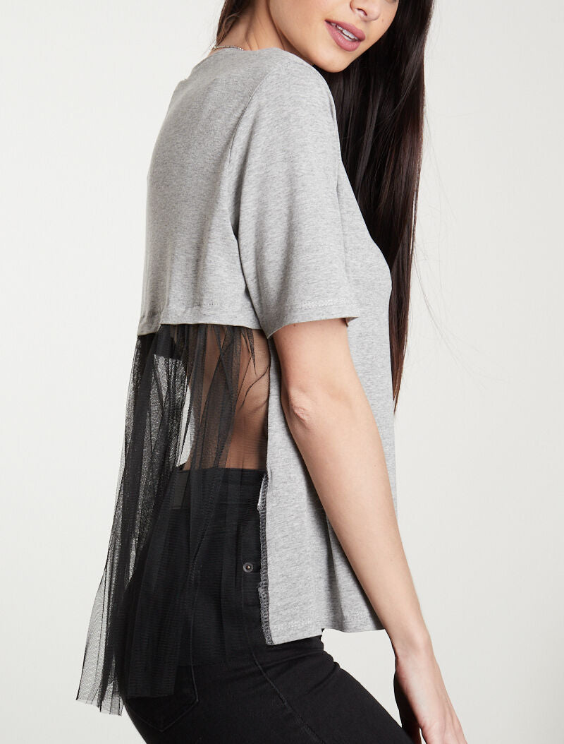 T-shirt fluide à dos en tulle - gris clair - 2