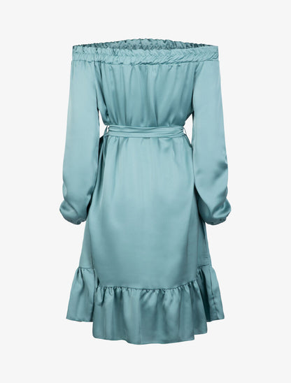 Robe satinée à bord volanté - turquoise - 3