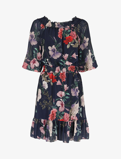 Robe à col bardot et imprimés - marine - 3