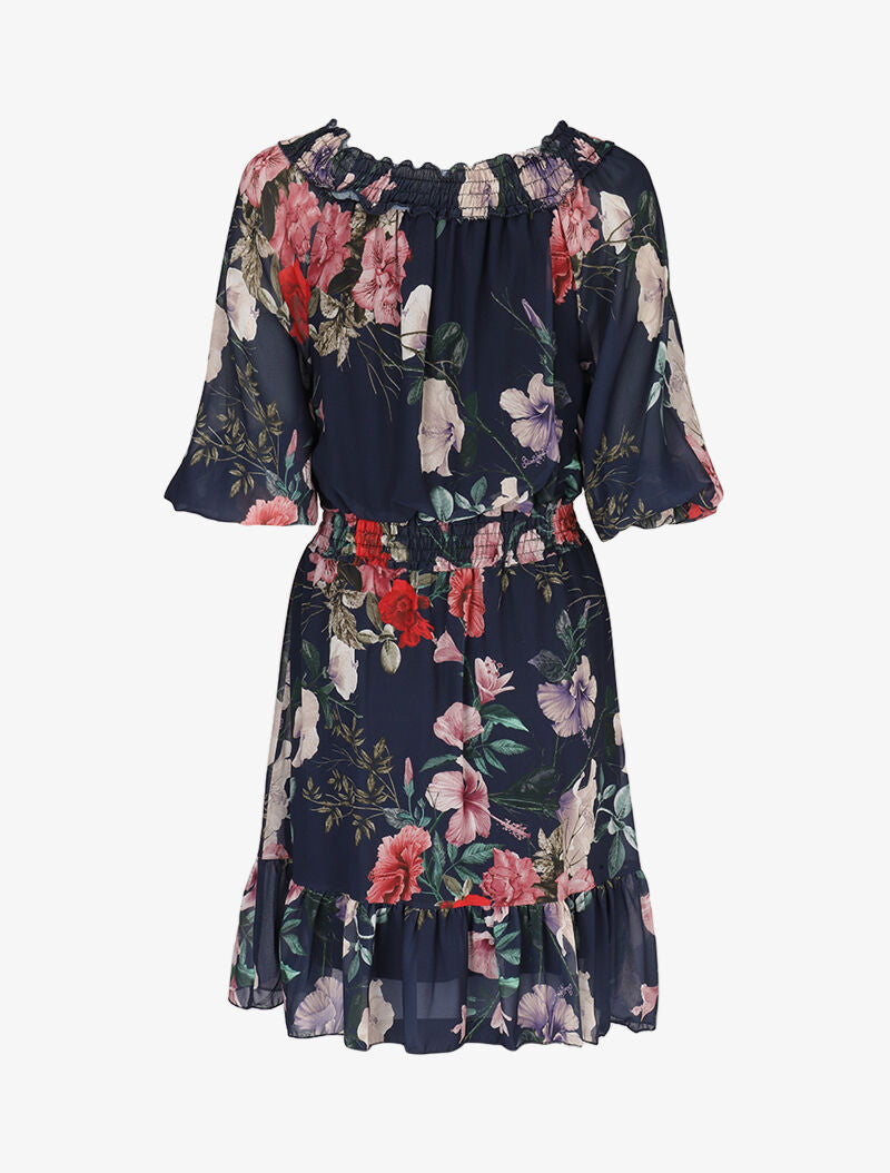 Robe à col bardot et imprimés - marine - 2