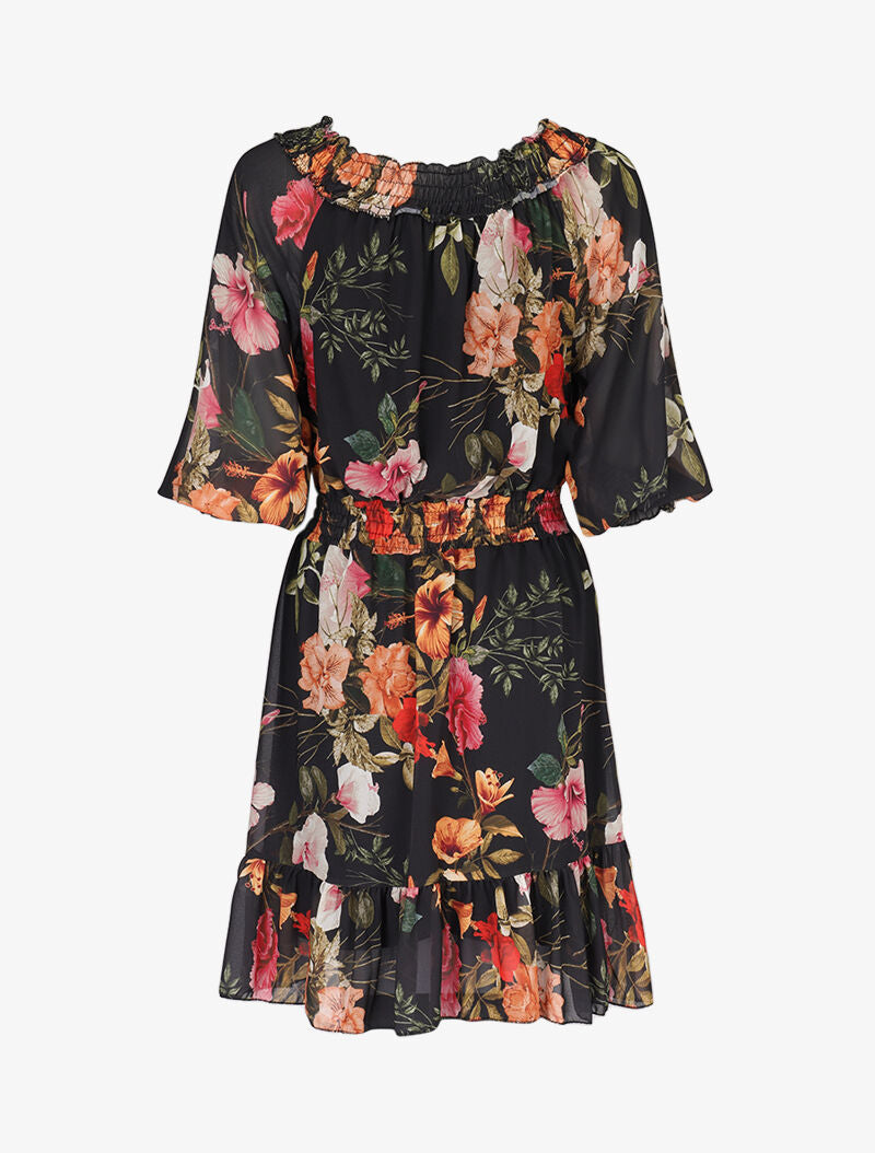 Robe à col bardot et imprimés - noir - 2