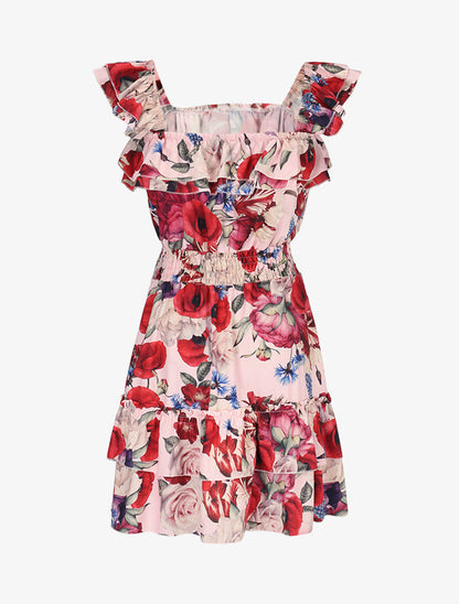 Robe fleurie à bretelles volantées - rose - 2