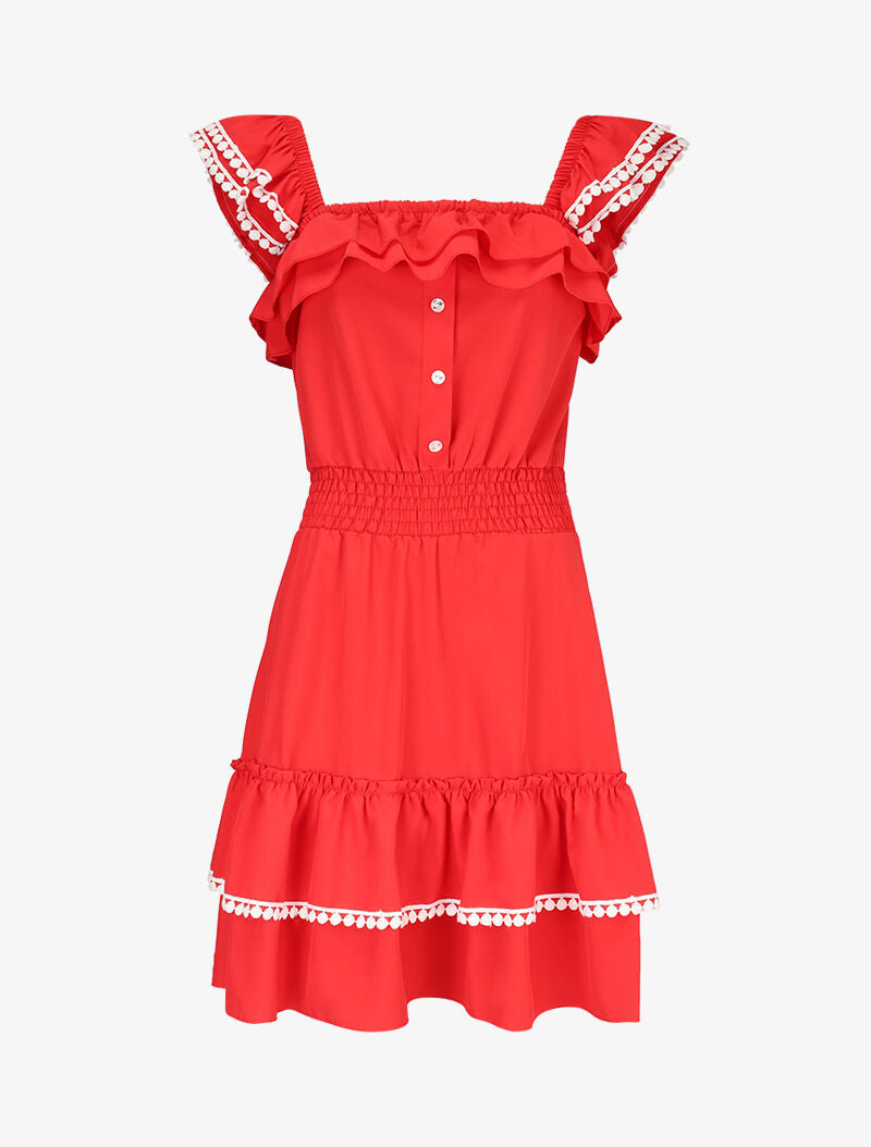 Robe unie à bretelles volantées - rouge - 1