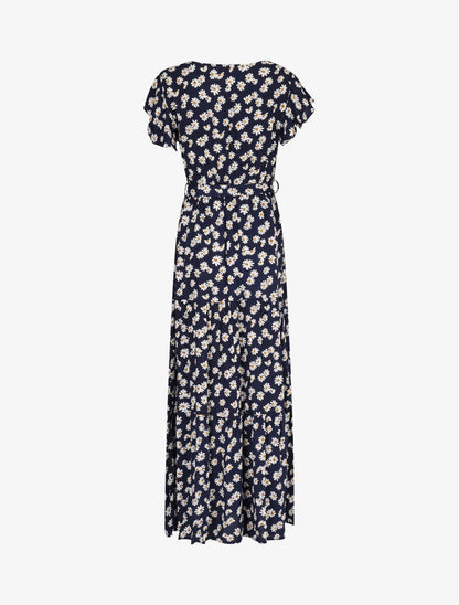 Robe à imprimé marguerites et emmanchures volantées - marine - 2