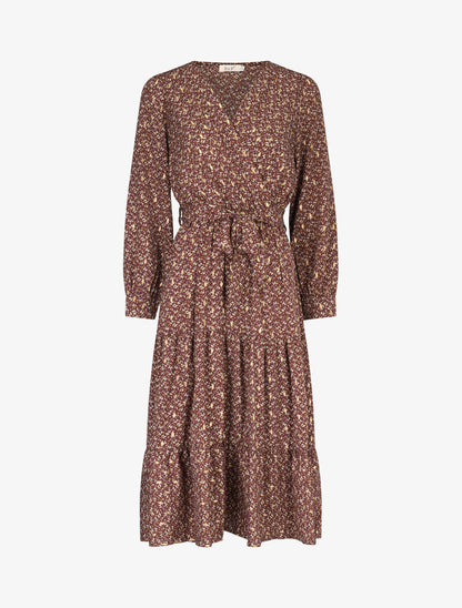 Robe longue imprimé fleurs lamées et manches ballon - marron - 1