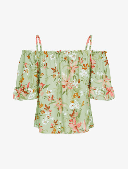 Top fleuri à épaules dénudées - vert - 2