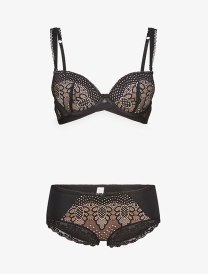 Ensembles à bretelles à bords dentelle et shorty ajouré - nude/noir - 1