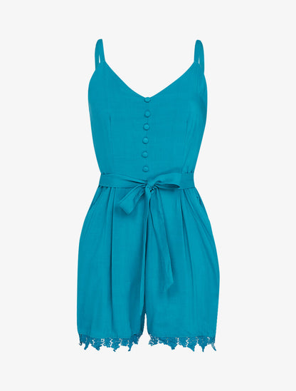 Combishort fluide en coton à bord dentelle - turquoise - 1