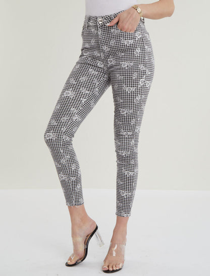 Jean 7/8 met pied-de-poule print en bloemen - zwart
