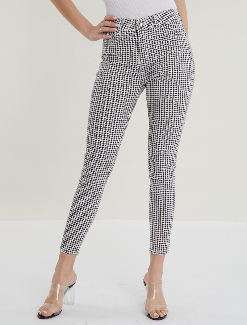Jean 7/8 met pied-de-poule print - zwart