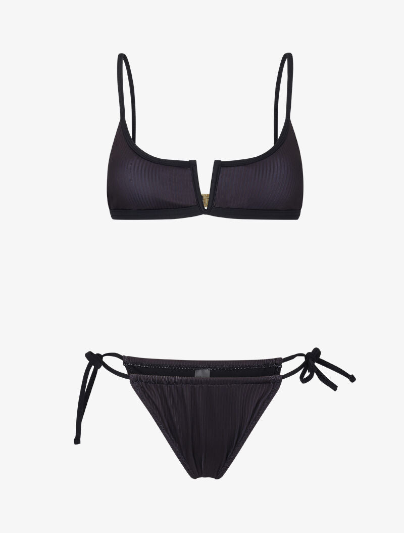 Bikini brassière côtelé à échancrure en V - noir - 1