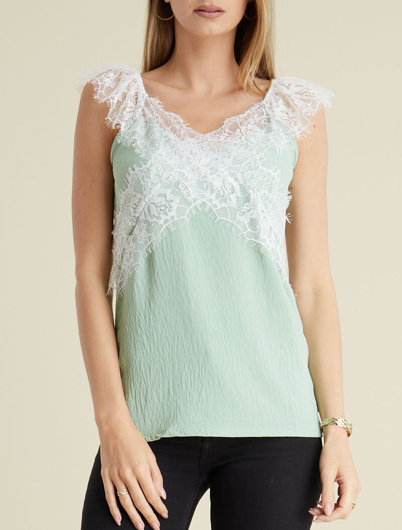 Débardeur droit à larges bandes dentelle - vert amande - 1