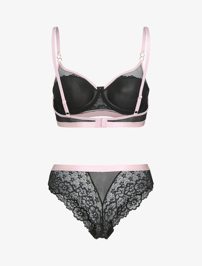 Ensemble dentelle et bandes contrastées - noir - 2