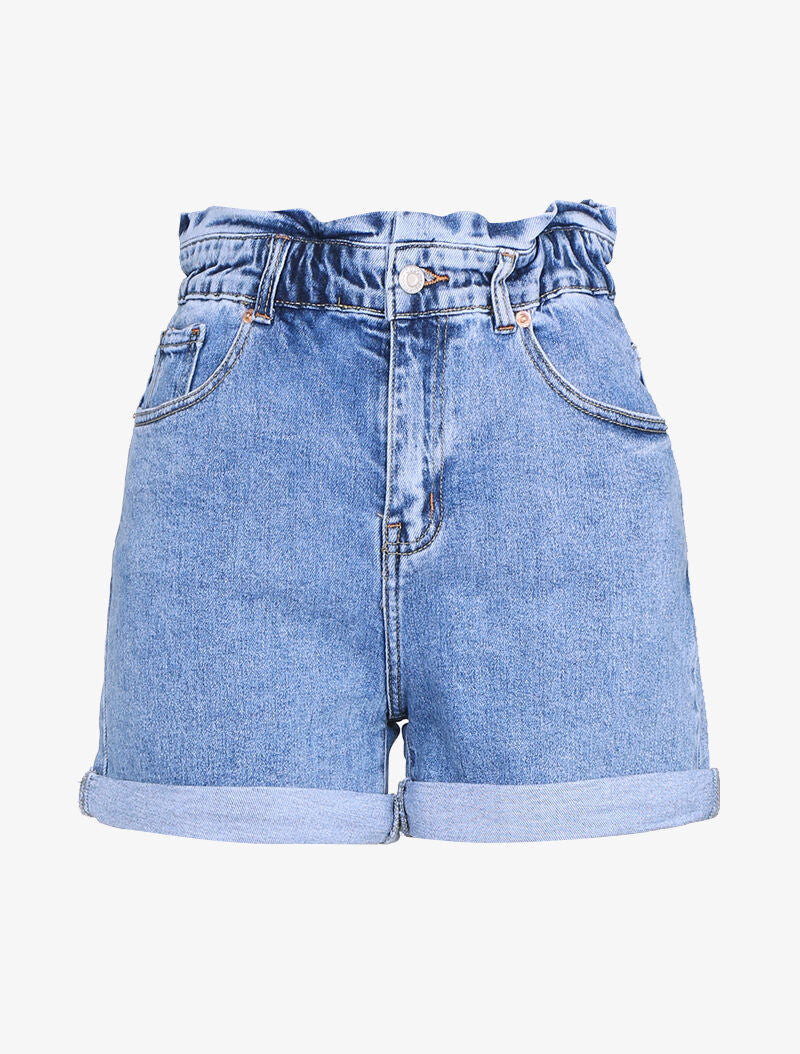 Short à taille haute volantée - bleu denim - 1