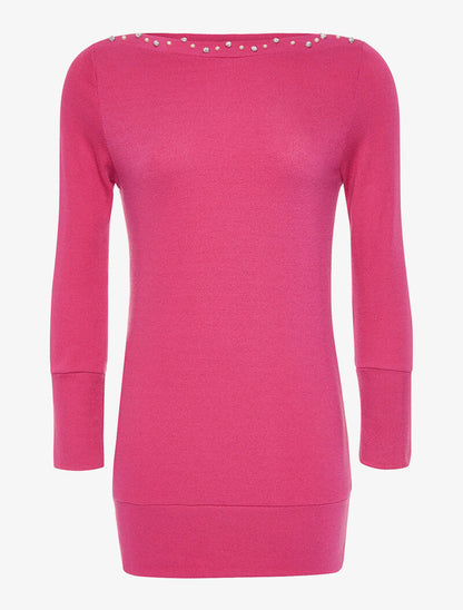 Robe-pull col à perles strassées - fushia - 1