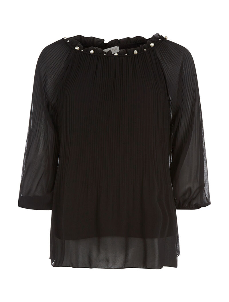 Top voile plissé col perlé - noir - 1