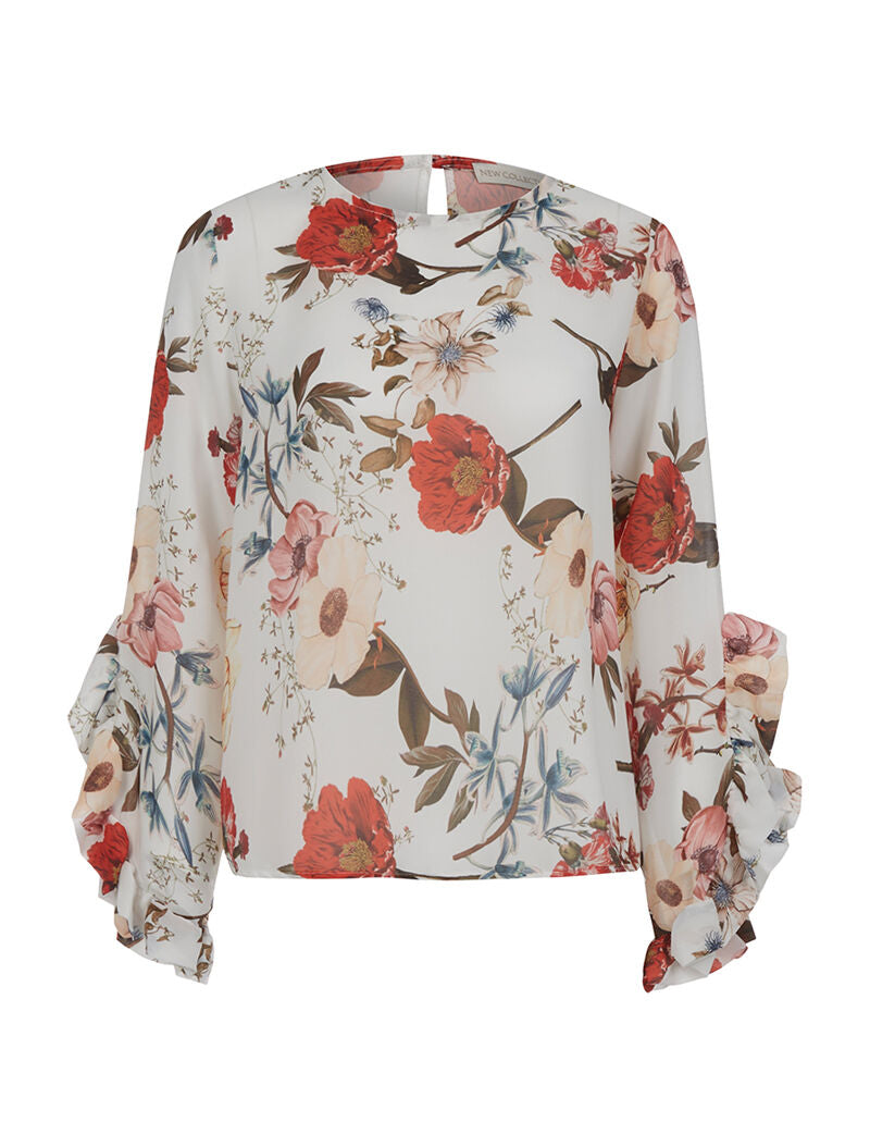 Top imprimé manches froufrou - blanc - 1