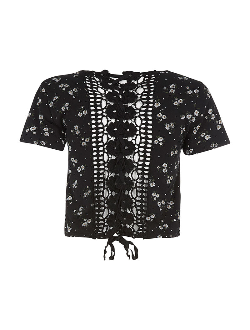 Crop-top fleuri dos dentelle - noir - 2