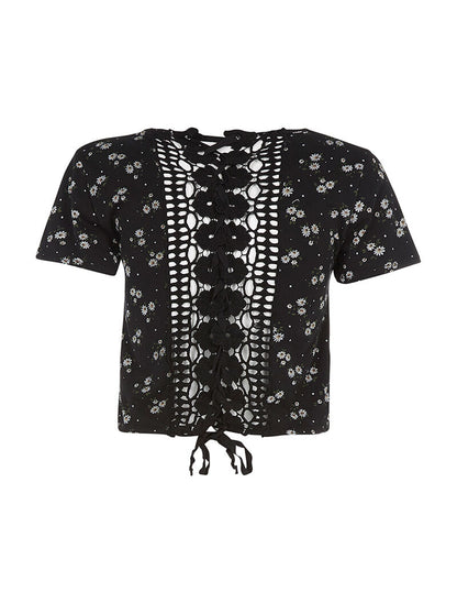 Crop-top fleuri dos dentelle - noir - 2