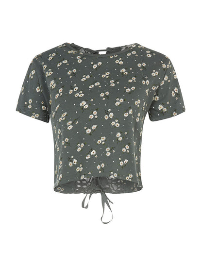 Crop-top fleuri dos dentelle - kaki - 1