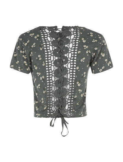 Crop-top fleuri dos dentelle - kaki - 2