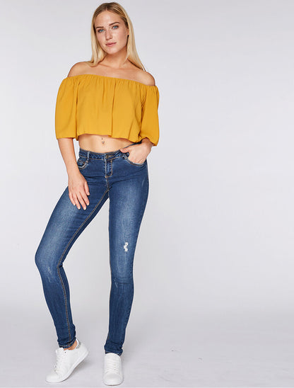 Crop-top volant en mousseline - moutarde - 1