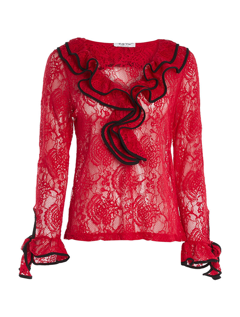 Top en dentelle col volanté - rouge - 1