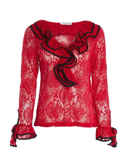 Top en dentelle col volanté - rouge - 1