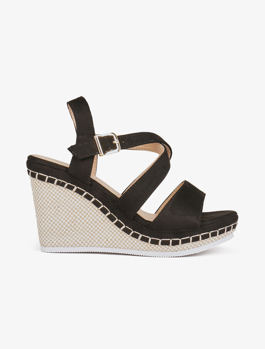 Compensées style damier et brides croisées - Noir - 1