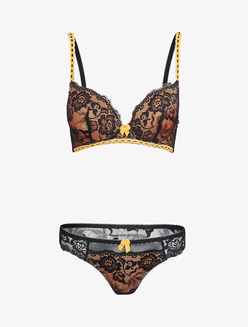 Ensemble à dentelle et résille fleurie - Noir/orange - 3