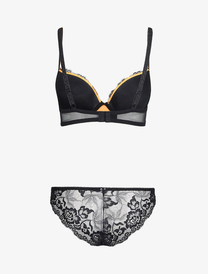 Ensemble à dentelle et résille fleurie - Noir/orange - 2