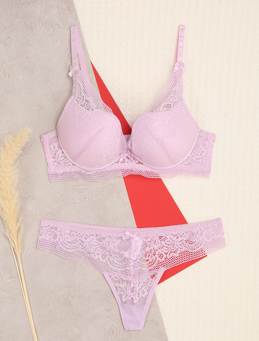 Ensemble en dentelle fleurie à détail noeud - Lilas - 1